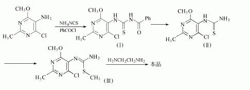 方法2:5-氨基-4-氯-6-甲氧基-2-甲基嘧啶和硫氰酸铵及苯甲酰氯反应,得